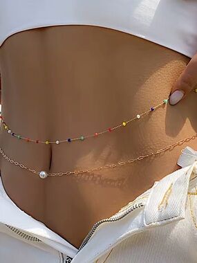 Delicate Gold Pearl & Multicolor Bead Waist Chain Set belly chain